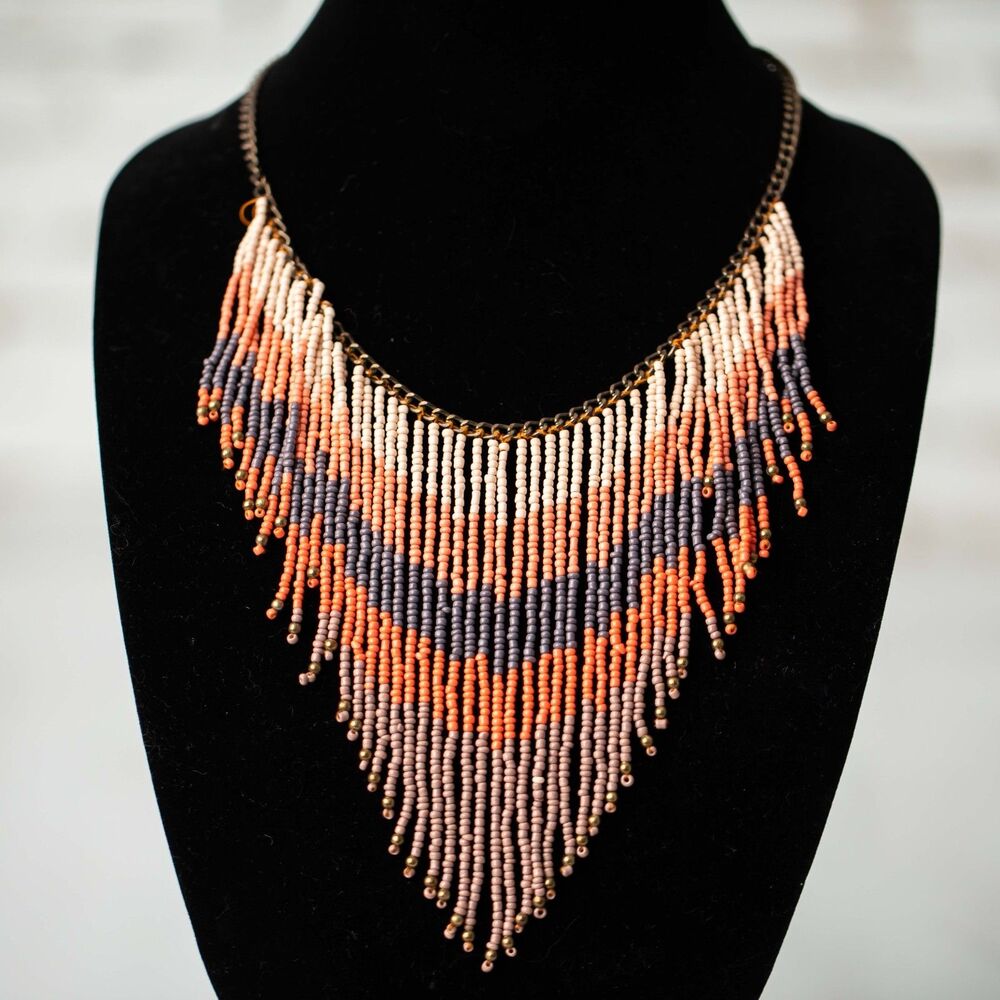 ZAD Boho Seed Bead Fringe Bib Necklace Orange Gray Cream Statement Tribal